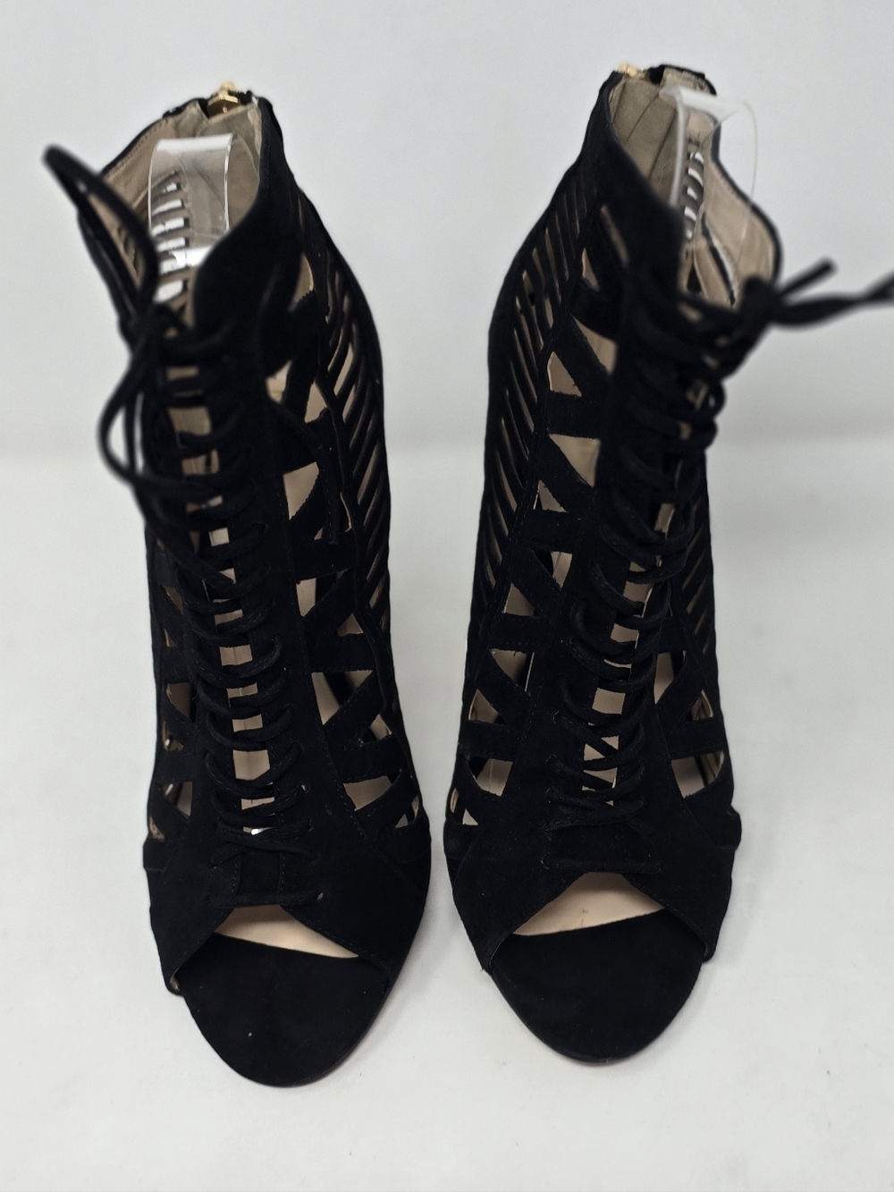 Nine West women 9 black lace up cutout peep toe suede heels, dark fairy, gothic - Picture 4 of 9
